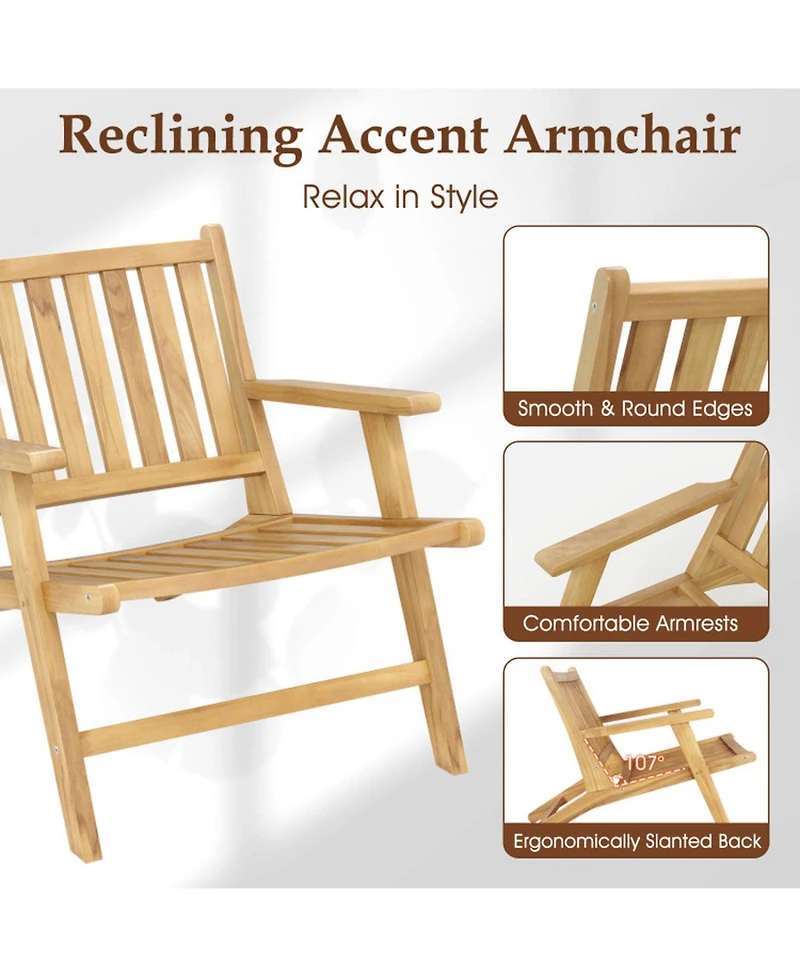 Gouun Teak Wood Outdoor Reclining Chair with Armrests