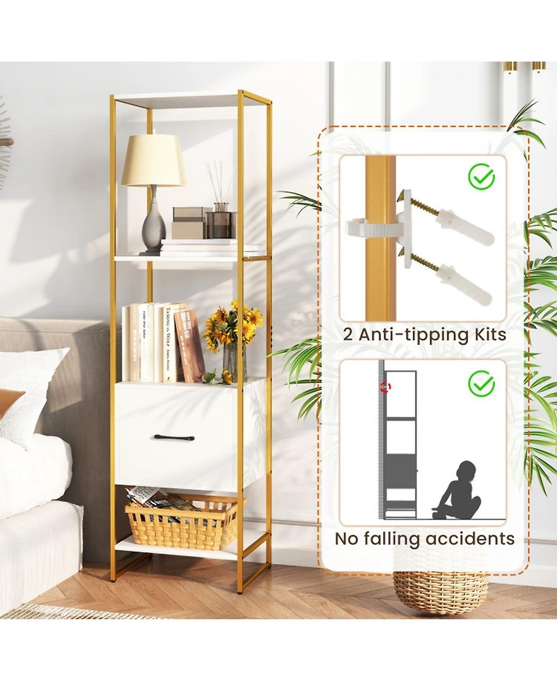 Gouun 5-Tier Narrow Bookcase with Storage Drawer and Metal Frame