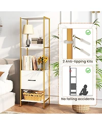 Gouun 5-Tier Narrow Bookcase with Storage Drawer and Metal Frame