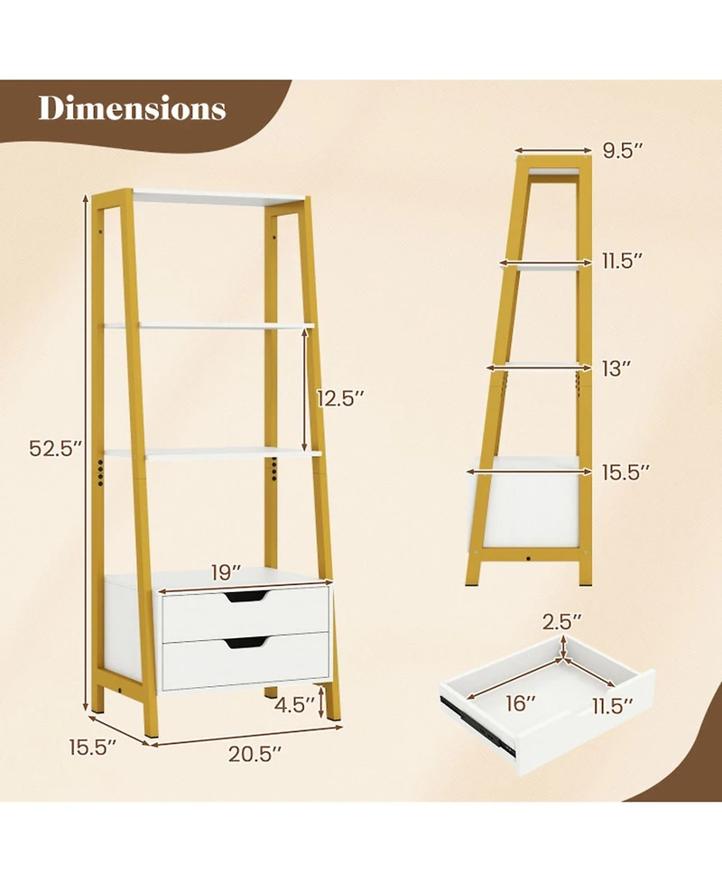 Gouun 4-Tier Ladder Shelf with 2 Drawers and Metal Frame