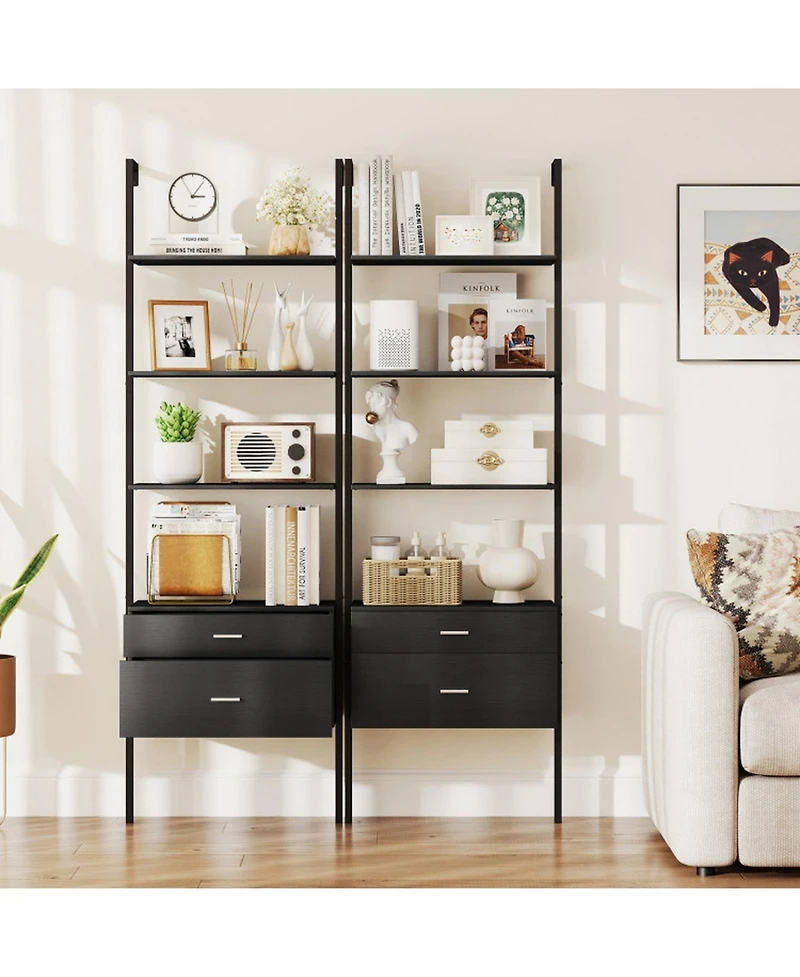 Gouun 6-Tier Ladder Bookcase with 2 Drawers and Metal Frame