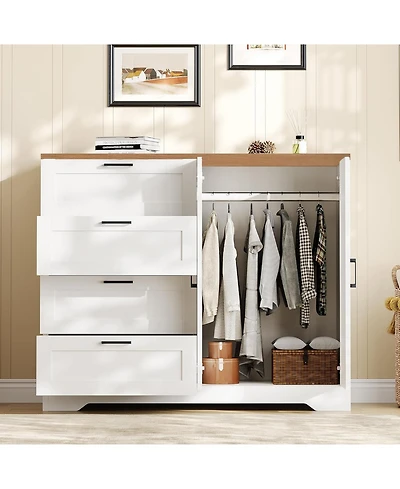 gaomon 43.3'' H Armoire Wardrobe Closet with 4 Drawers and 2 Doors, Hanging Rod, Multifunctional Wooden Dresser with Storage Closet