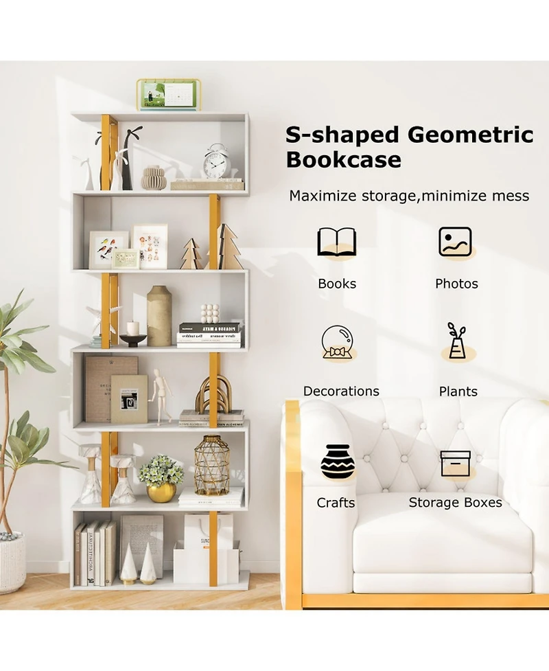 Gouun 6-Tier Geometric S-Shaped Bookcase with Metal Frame
