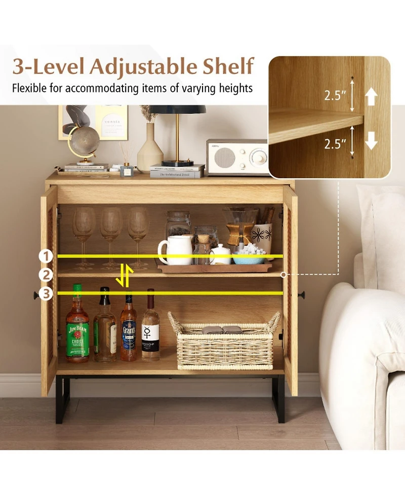 Gouun Rattan Door Buffet Cabinet with Adjustable Shelf