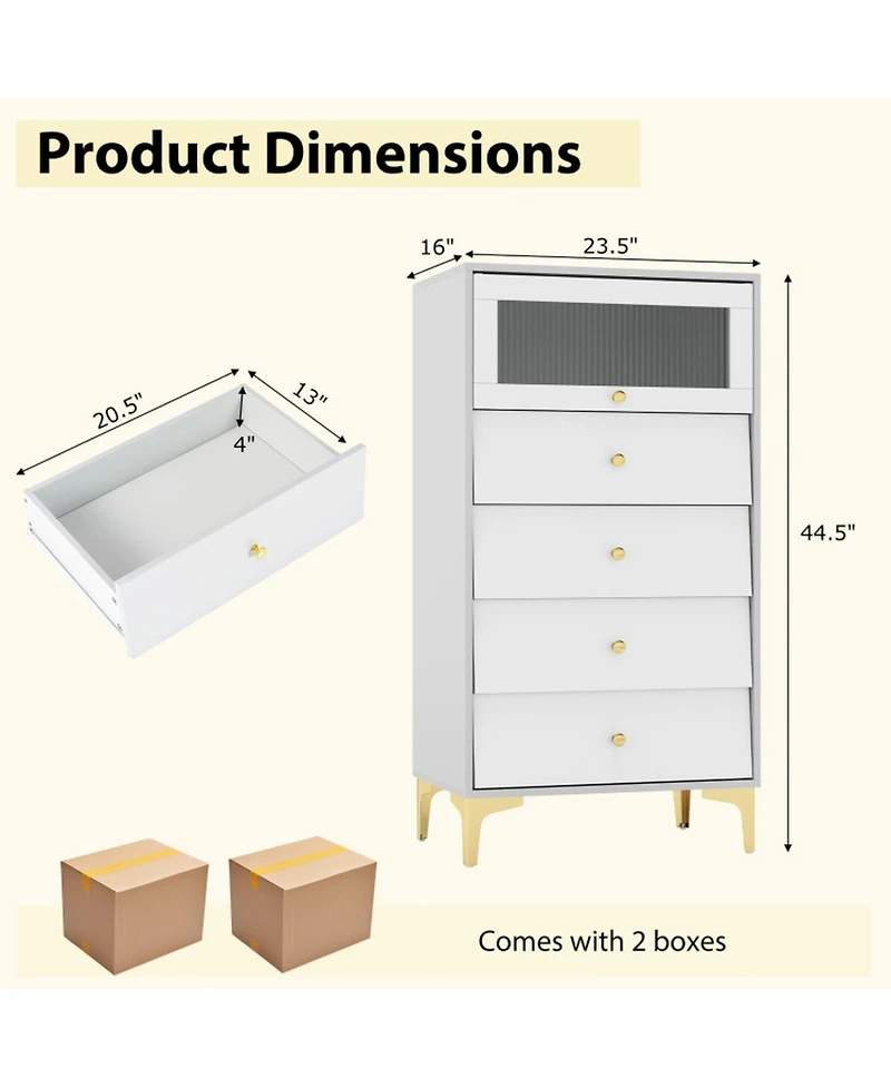 Gouun 4-Drawer Modern Storage Cabinet with Fluted Glass Door