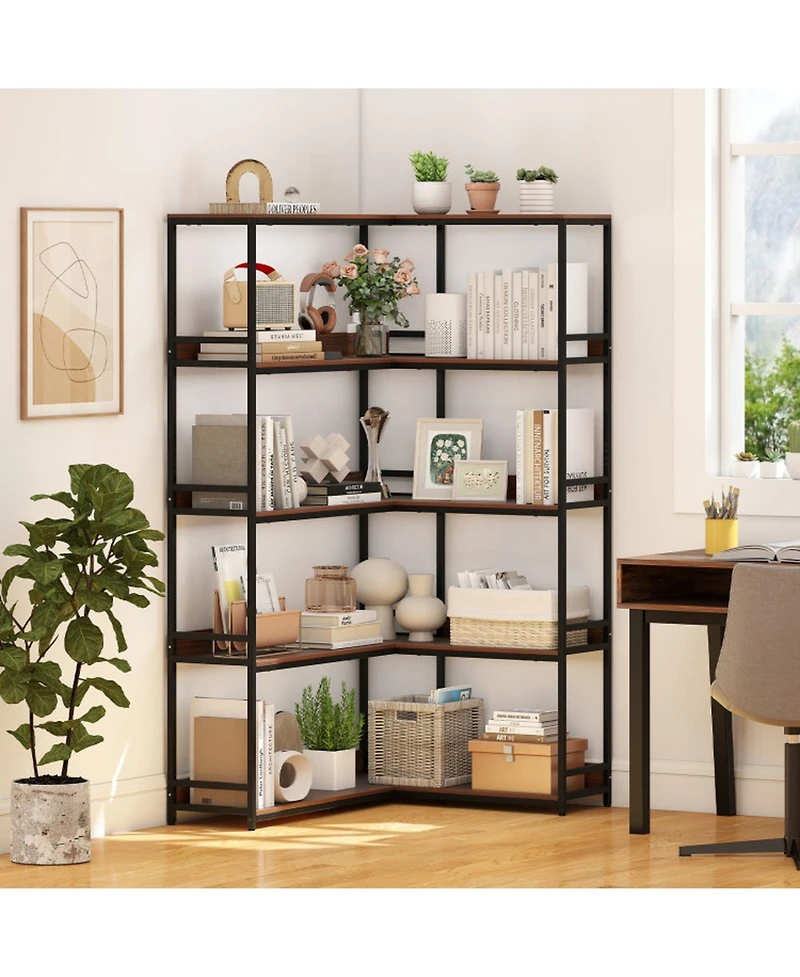 Gouun 5-Tier L-Shaped Corner Bookshelf with Metal Frame