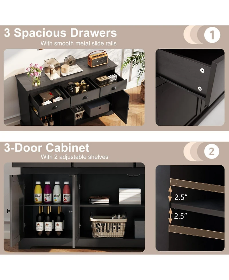 Gouun 3-Drawer Sideboard Buffet with Adjustable Shelves