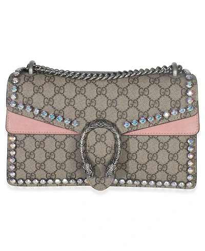 Pre-Owned Gucci Pink Beige Gg Supreme Canvas Crystal Small Dionysus Shoulder Bag