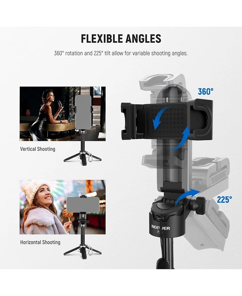 Neewer Selfie Stick with Detachable Bluetooth Remote Shutter, Lightweight Foldable Travel Tripod for iPhone, 360° Phone Holder Cold Shoe for YouT