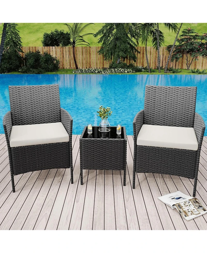 gaomon 3-Piece All-Weather Patio Conversation Set, Pe Rattan Armchairs and Glass Table