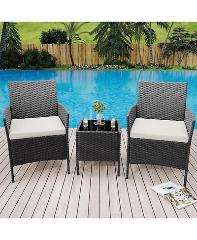 gaomon 3-Piece All-Weather Patio Conversation Set, Pe Rattan Armchairs and Glass Table