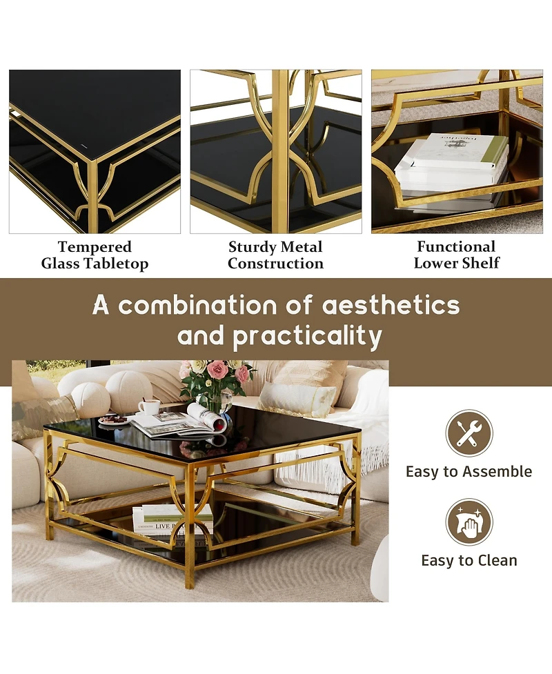 Rainsken Square Glass Coffee Table, Modern 2-Tier Center, Luxurious Geometric Metal Frame for Living Room