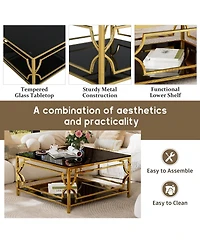 Rainsken Square Glass Coffee Table, Modern 2-Tier Center, Luxurious Geometric Metal Frame for Living Room