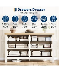 gaomon 6 Drawer Ribbed Wooden Dresser, 47.5 Inch Wide Bedroom Storage Dresser and Tv Stand