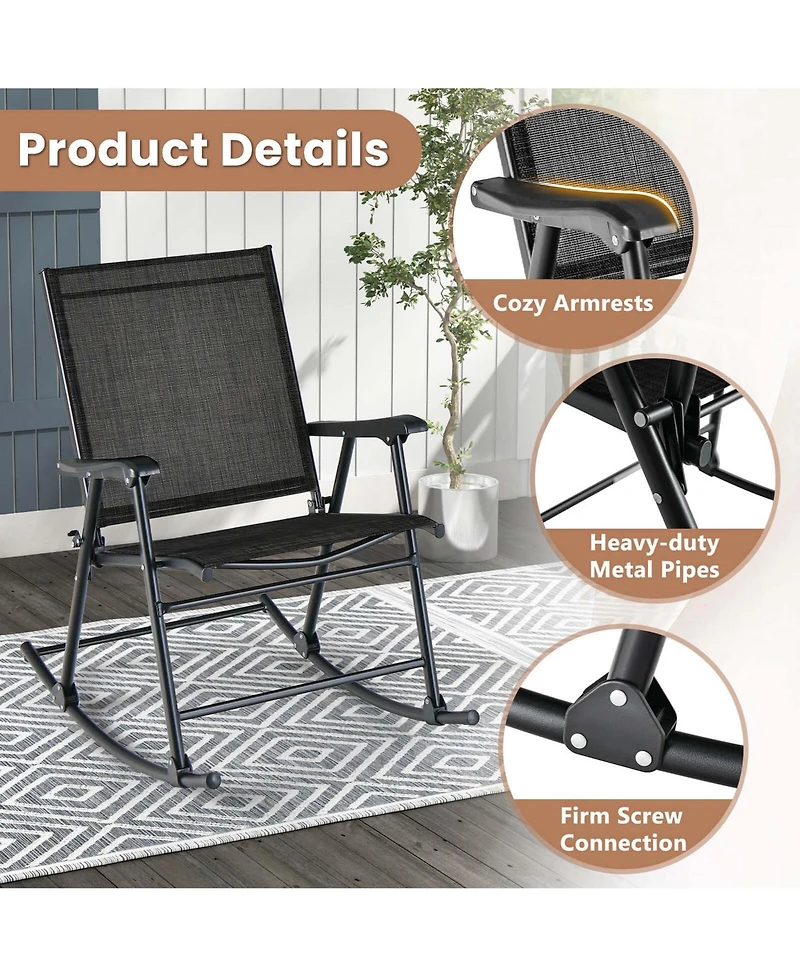 Gymax 4pcs Patio Folding Rocking Chair Heavy-Duty Metal Frame Rockers Outdoor