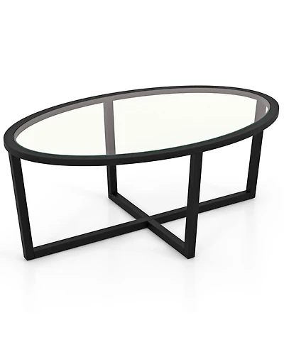 Slickblue Oval Glass Coffee Table with Cross Base Wood Legs