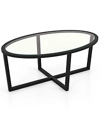 Slickblue Oval Glass Coffee Table with Cross Base Wood Legs