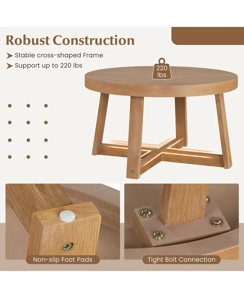 Slickblue Round Coffee Table Farmhouse Rubber Wood Legs