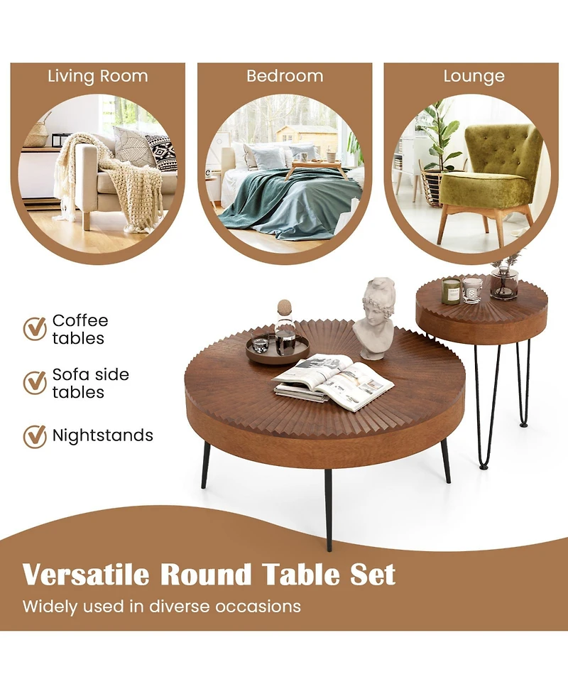 Slickblue Set of 2 Round Tables with Pine Wood Top and Metal Legs