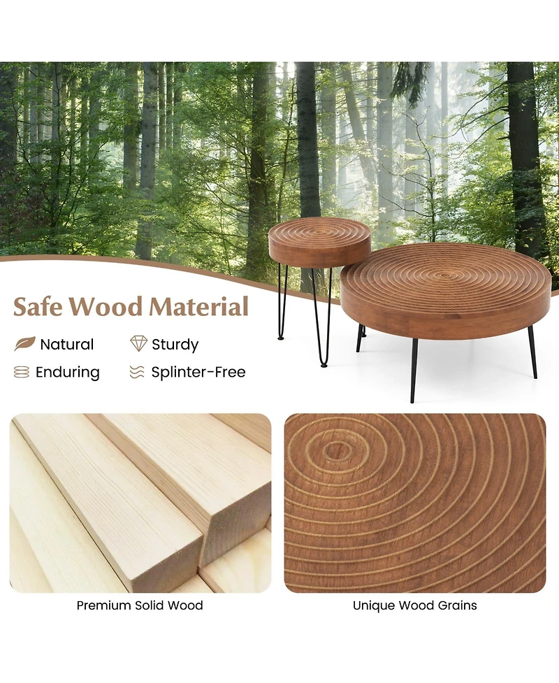 Slickblue Set of 2 Solid Wood Farmhouse Round Coffee Tables Ring Design