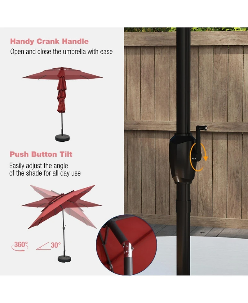 Gouun 10 ft Three-Tier Vented Patio Umbrella with Push-Button Tilt and Crank Handle