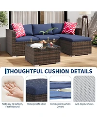 gaomon 5-Piece All-Weather Wicker Patio Sectional Sofa Set with Ottoman and Glass Table