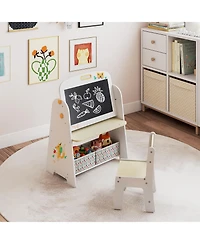 Slickblue 4-in-1 Kids Art Easel Table and Chair Set with Magnetic Whiteboard and Bookshelf