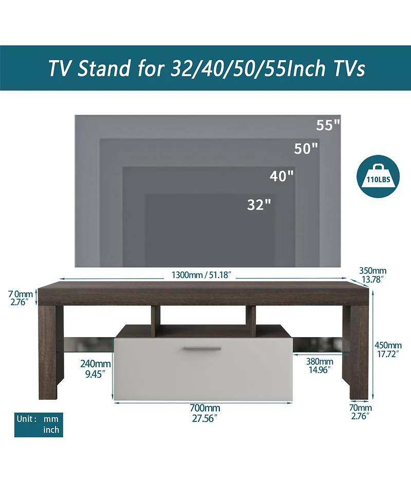 Rainsken Modern Tv Stand with Led Light, Media Console Entertainment Center for 50 Inch Tv with Toughened Glass Shelf for Living Room