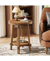 Tribesigns Solid Wood Side Table Set of 2, Small Round End Table with 2-Tier Storage, Farmhouse Wooden Circle Bedside Nightstand