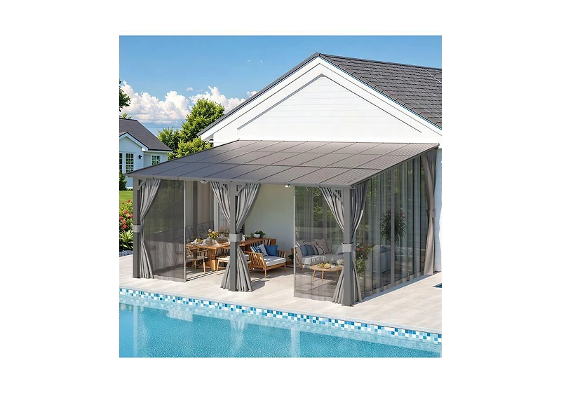 Aecojoy 16'x12' Wall Gazebo with Curtains and Mosquito Netting