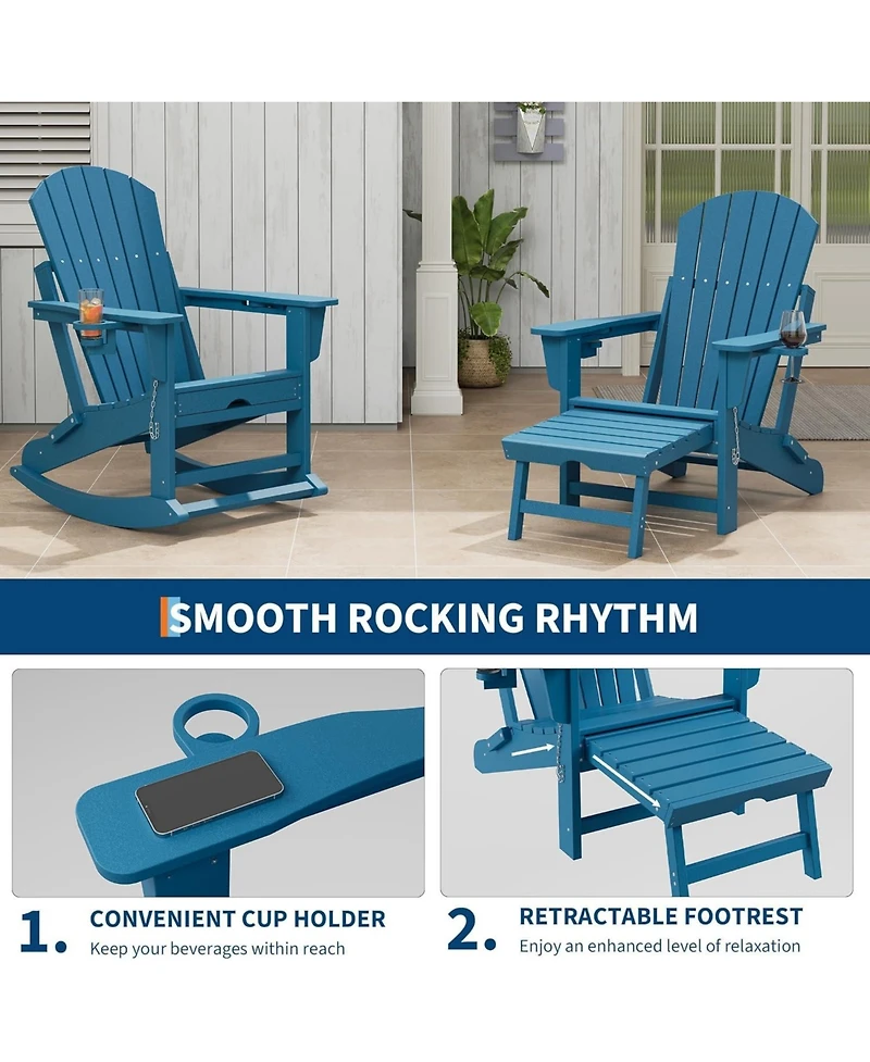 gaomon Folding Adirondack Rocking Chair with Retractable Ottoman and Cup Holders, Hdpe All-Weather Outdoor Chair for Porch
