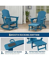 gaomon Folding Adirondack Rocking Chair with Retractable Ottoman and Cup Holders, Hdpe All-Weather Outdoor Chair for Porch