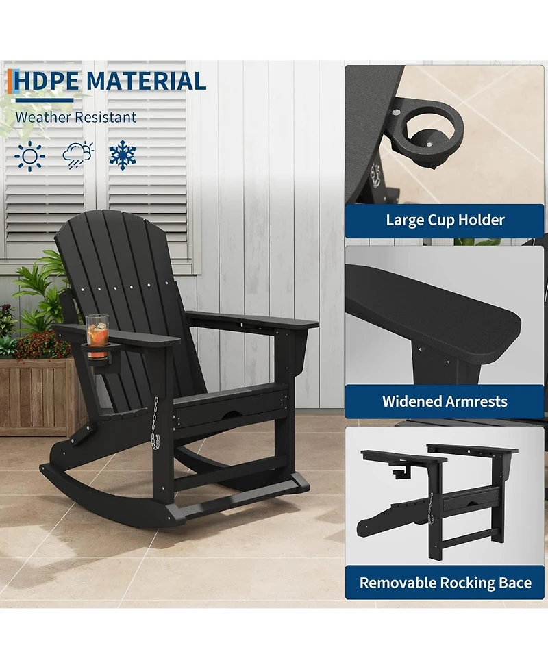 gaomon Folding Adirondack Rocking Chair with Retractable Ottoman and Cup Holders, Hdpe All-Weather Outdoor Chair for Porch