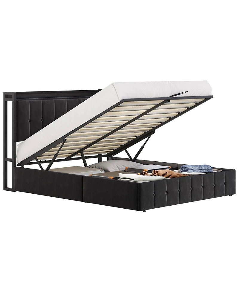 Homfan Lift Up Bed Frame, Upholstered Bed with Button Tufted Wingback Storage Headboard, Hydraulic Storage, No Box Spring Needed