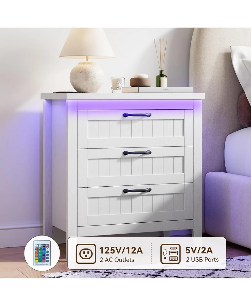 gaomon Farmhouse Drawer Dresser with Charging Station and Led Lights