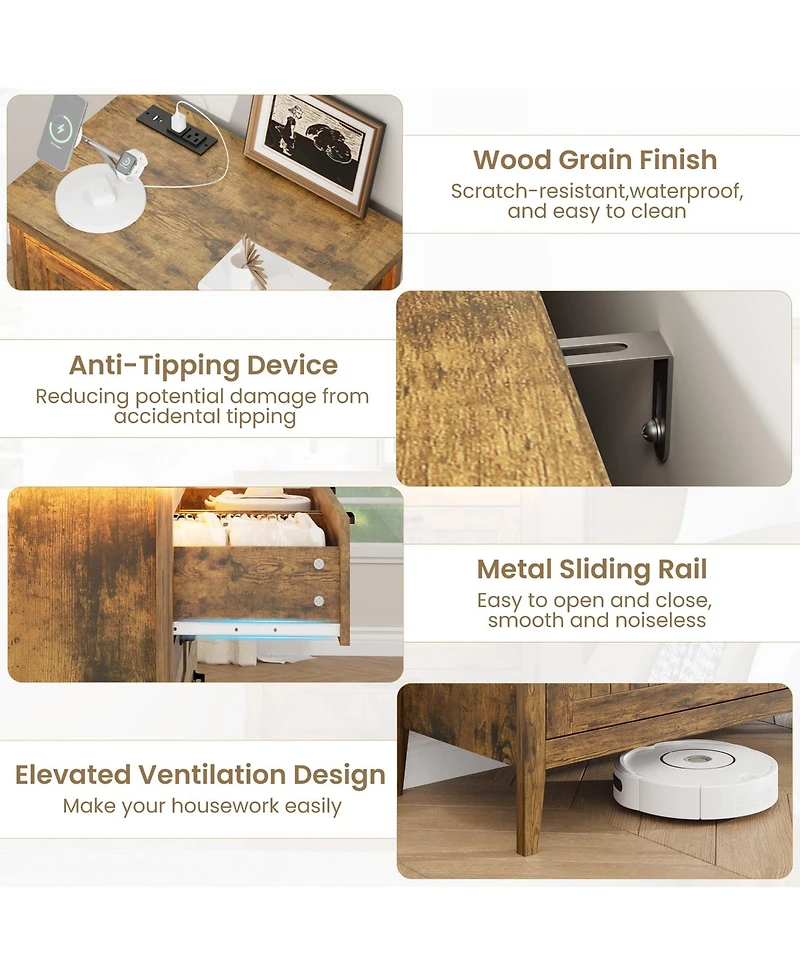 gaomon Farmhouse Drawer Dresser with Charging Station and Led Lights