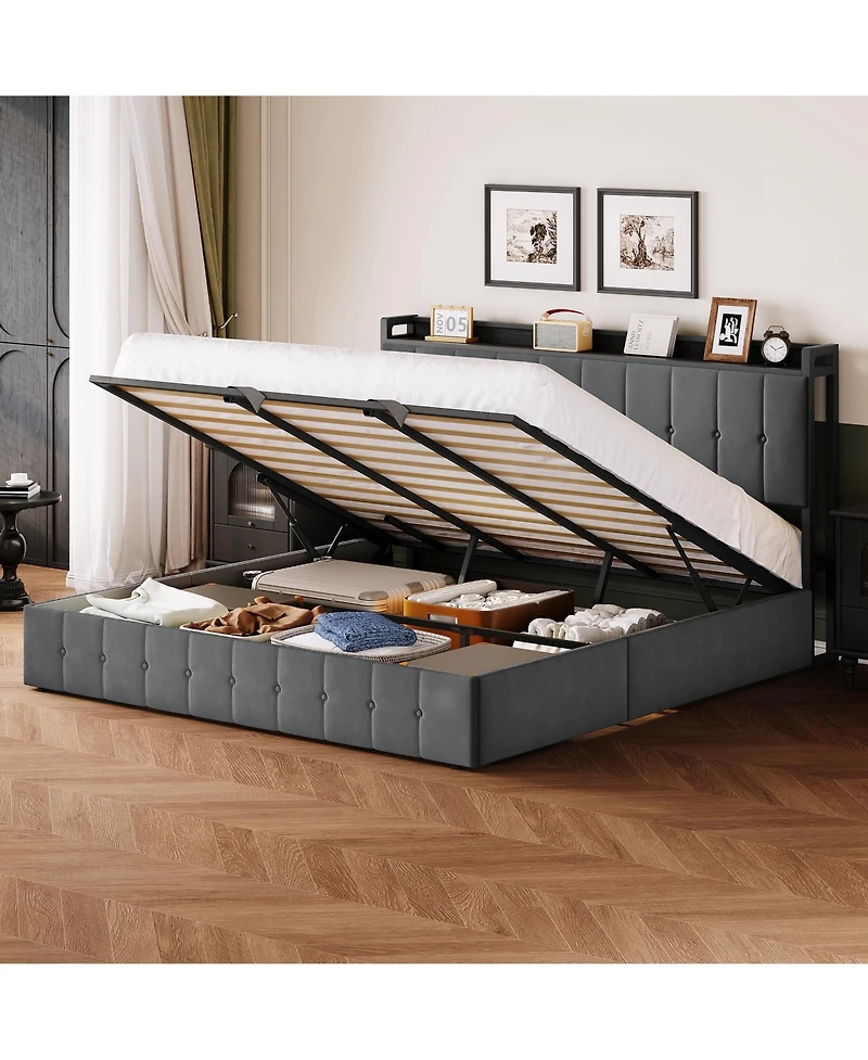 Homfan Lift Up Bed Frame, Upholstered Bed with Button Tufted Wingback Storage Headboard, Hydraulic Storage, No Box Spring Needed