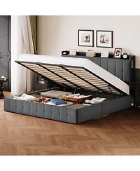 Homfan Lift Up Bed Frame, Upholstered Bed with Button Tufted Wingback Storage Headboard, Hydraulic Storage, No Box Spring Needed