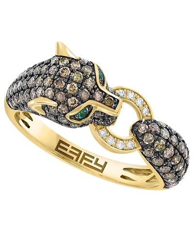 Effy Collection White Diamond and Black Diamond (1 ct. t.w.) Emerald Accent Ring in 14k Yellow Gold