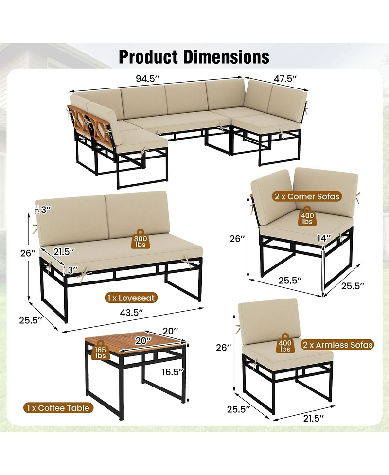 Sugift 6 Piece Outdoor Sectional Sofa Set with Cushions