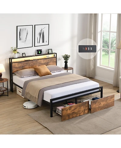 sumyeg Full Size Bed Frame with Storage Headboard, Led Lights and Charging Station, Platform Bed with 2 Drawers