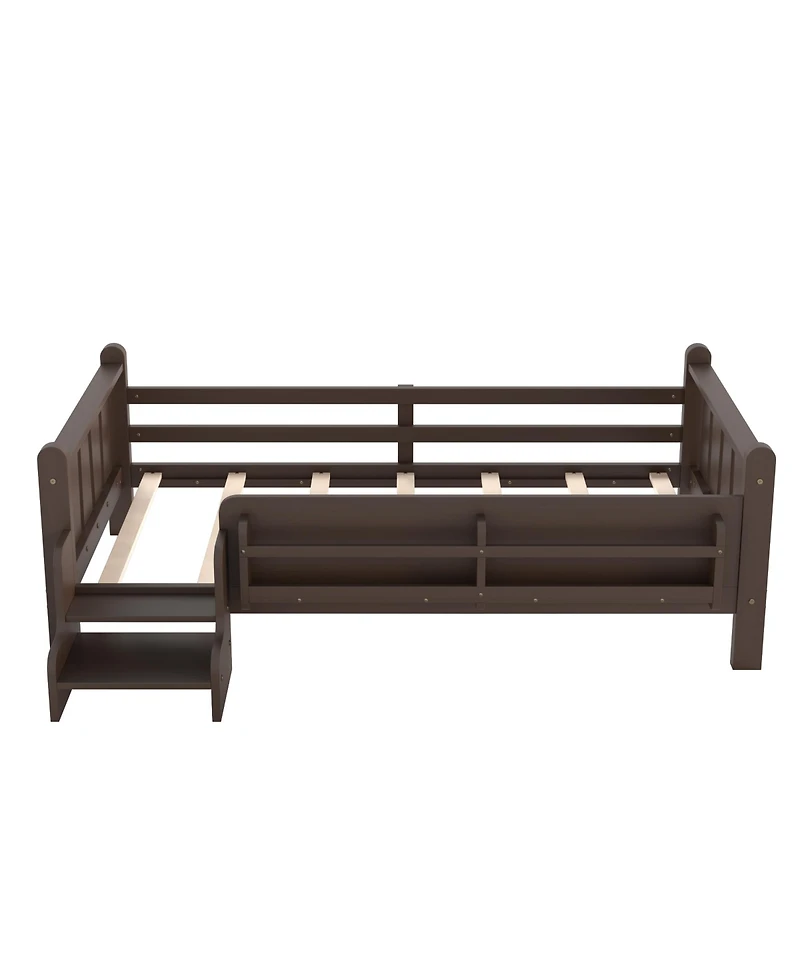 Rainsken Twin Size Floor Bed with Stairs and Bookcase, Solid Wood Low Profile Bed Frame with Guardrails, Kids Bed for Boys Girls, 350 Lbs Capacity