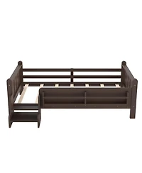 Rainsken Twin Size Floor Bed with Stairs and Bookcase, Solid Wood Low Profile Bed Frame with Guardrails, Kids Bed for Boys Girls, 350 Lbs Capacity