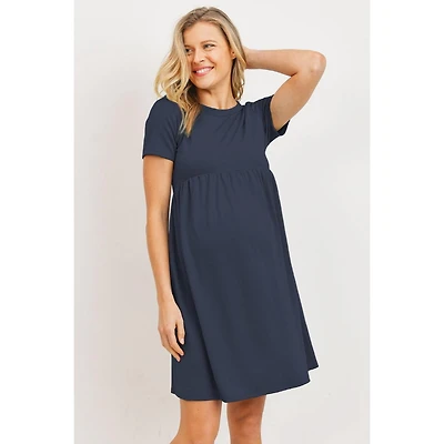 Hello Miz Maternity Crew Neck Empire Waist Mini T-Shirt Dress with Pockets