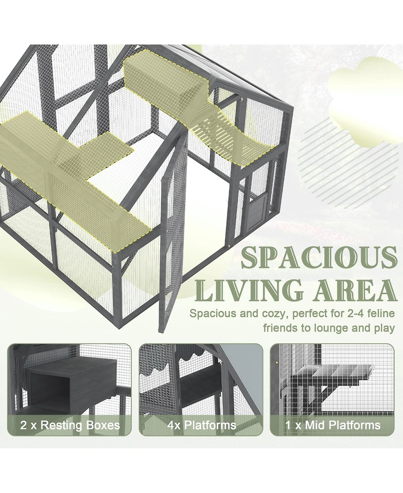 Zeus & Ruta Large Outdoor Cat Enclosure Wooden Shelter with Platforms Resting Box Bridge Waterproof Uv Proof Canopy