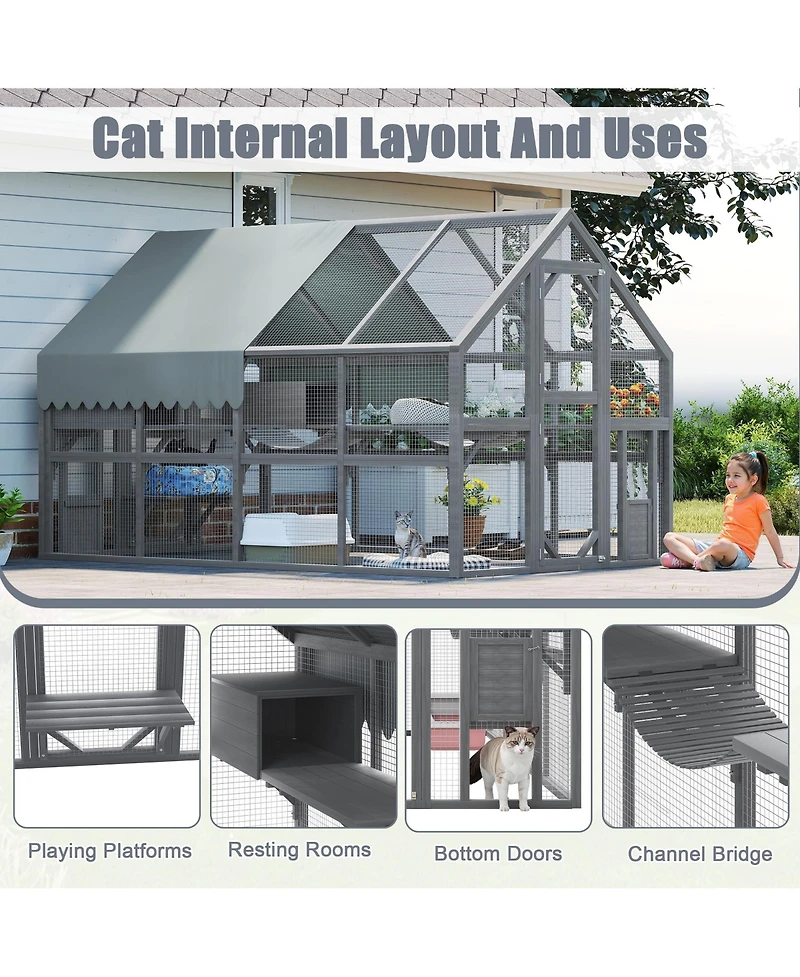 Zeus & Ruta Large Outdoor Cat Enclosure Wooden Shelter 7 Platforms 2 Resting Boxes Bridges Waterproof Uv Proof Canopy