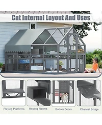 Zeus & Ruta Large Outdoor Cat Enclosure Wooden Shelter 7 Platforms 2 Resting Boxes Bridges Waterproof Uv Proof Canopy
