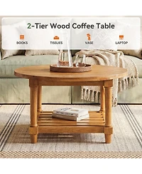 Tribesigns Round Coffee Table, 31.5" Farmhouse Solid Wood Center Table with Storage, 2-Tier Circle Accent Table