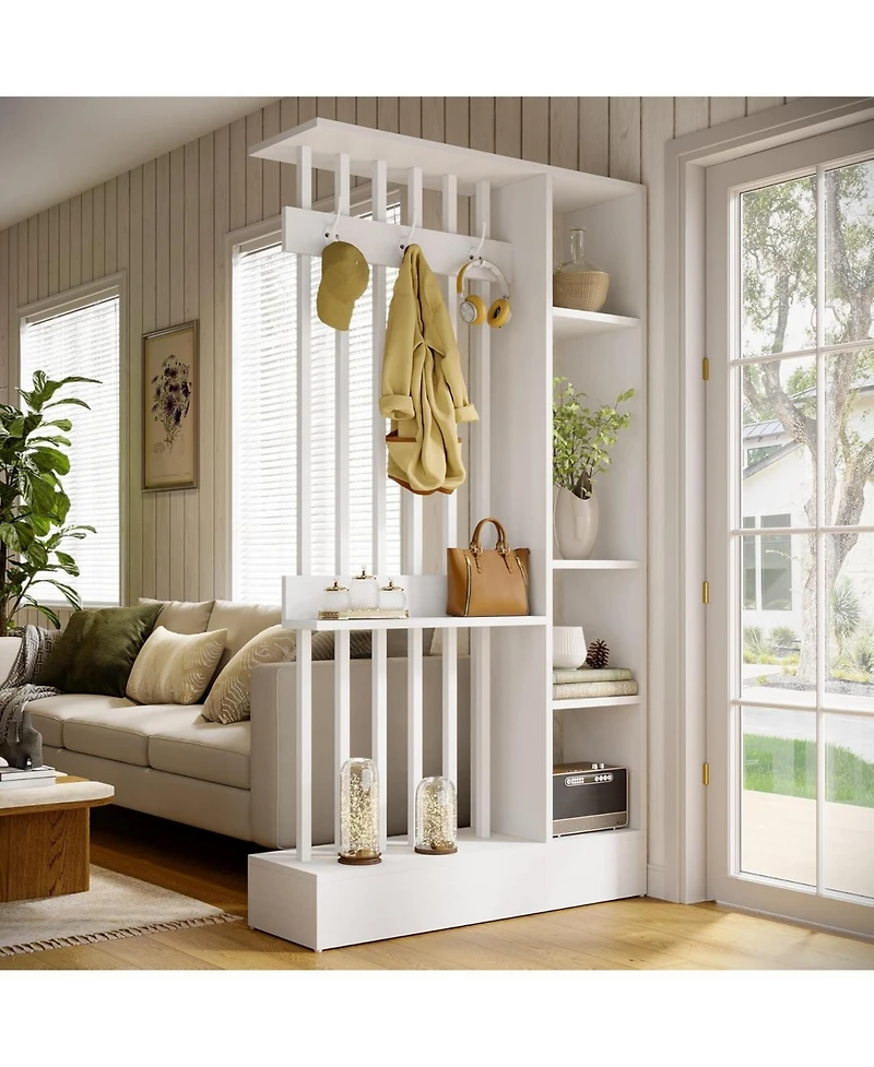 Tribesigns 71" Wall Room Divider with Shelves and Coat Hooks, Wood Freestanding Room Divider Bookcase for Home and Office Decorative