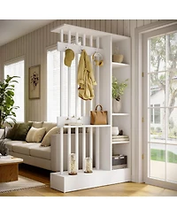 Tribesigns 71" Wall Room Divider with Shelves and Coat Hooks, Wood Freestanding Room Divider Bookcase for Home and Office Decorative